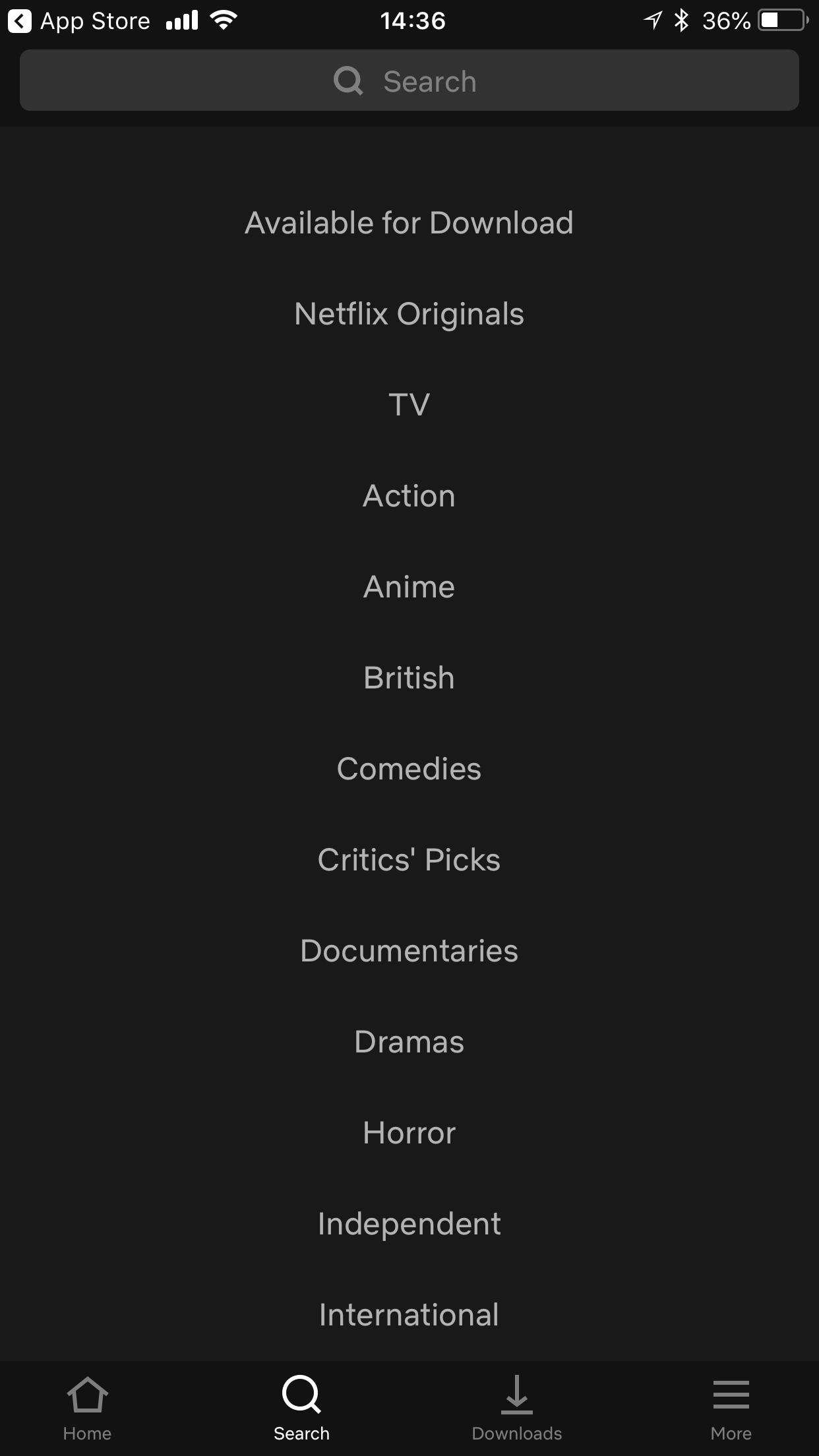 Netflix categories search screen