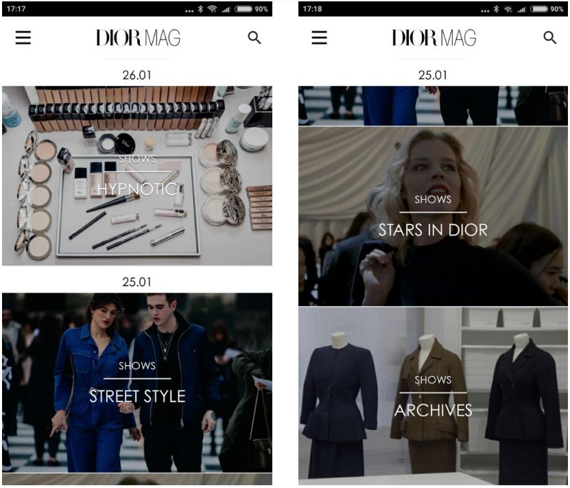 screenshots of Dior app